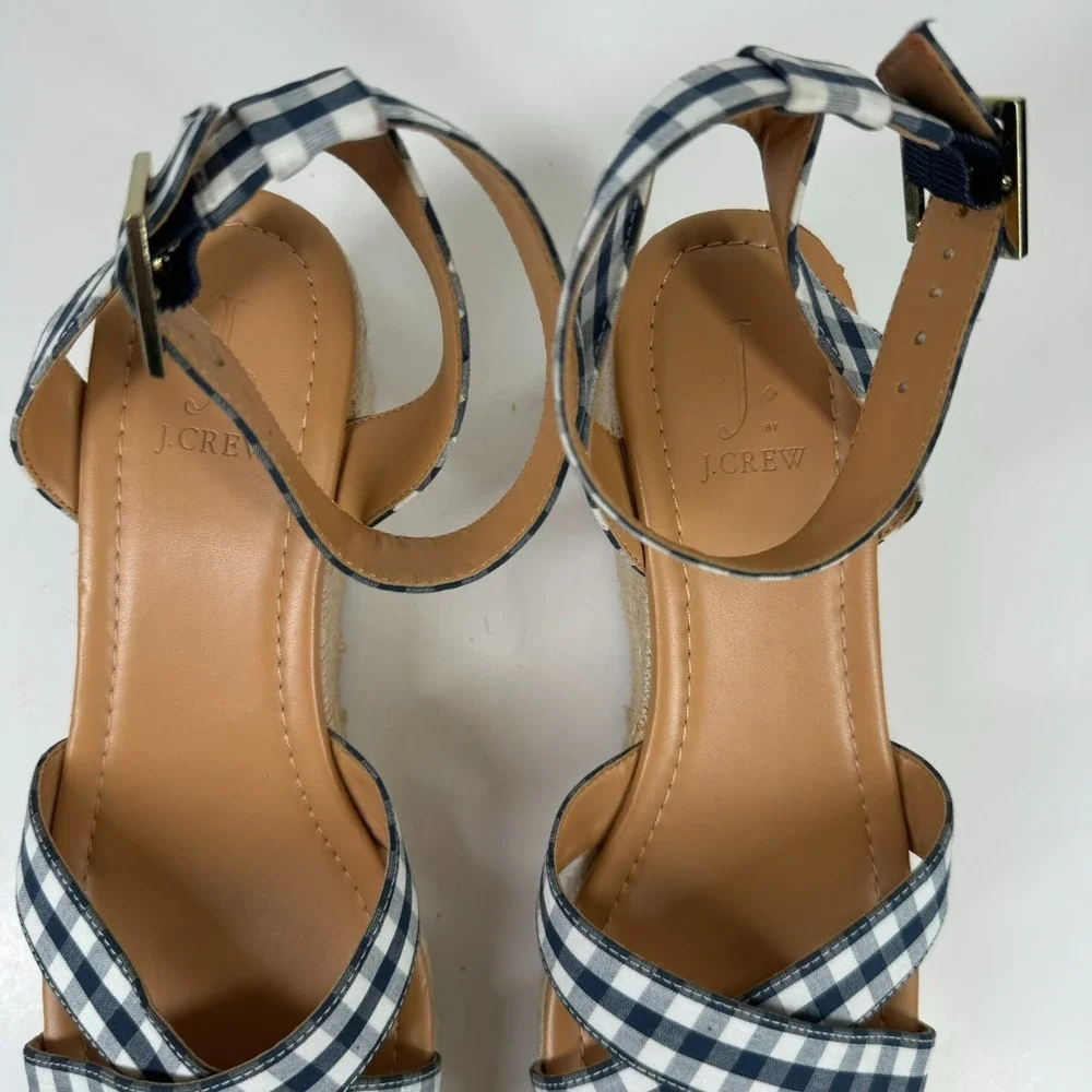 J.Crew Women's US 8.5 Navy Blue Gingham Flatform Espadrille Wedge Sandals L4669
